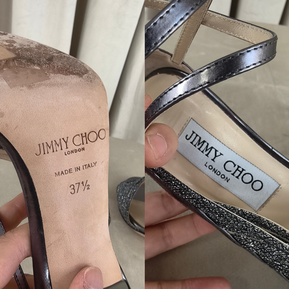Jimmy Choo Glittering Metallic Silver Open-Toe Heels - Picture 8 of 8